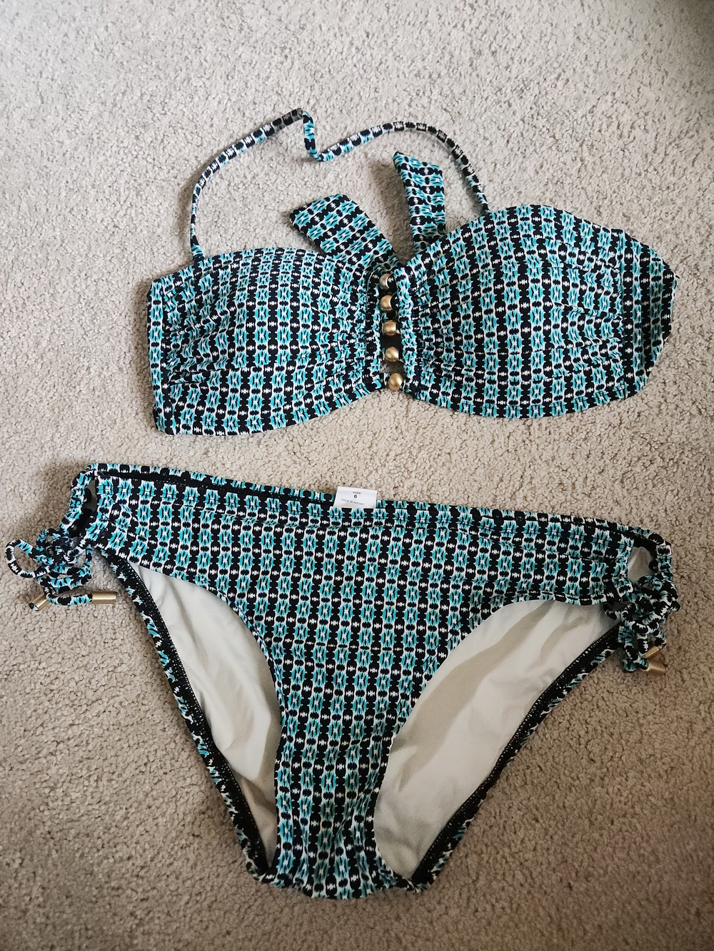 La Blanca Teal and Black Patterned Bandeau Bikini